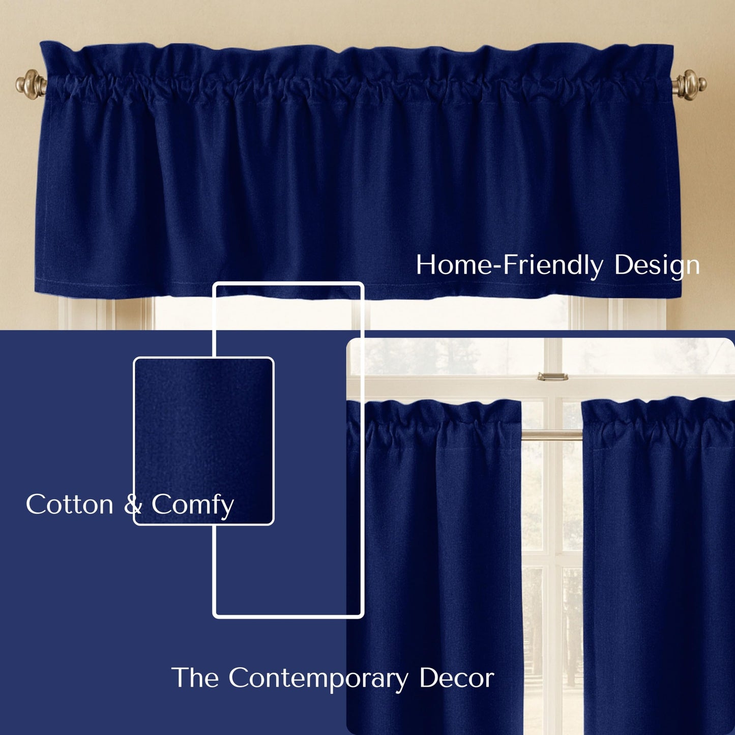 Native Fab 3 Piece Window Curtain Tiers 26"x36" and Valance 54"x18" Set - Rod Pocket - Semi Sheer - Short Curtain for Kitchen, Cafe, Living Room - Ink Blue