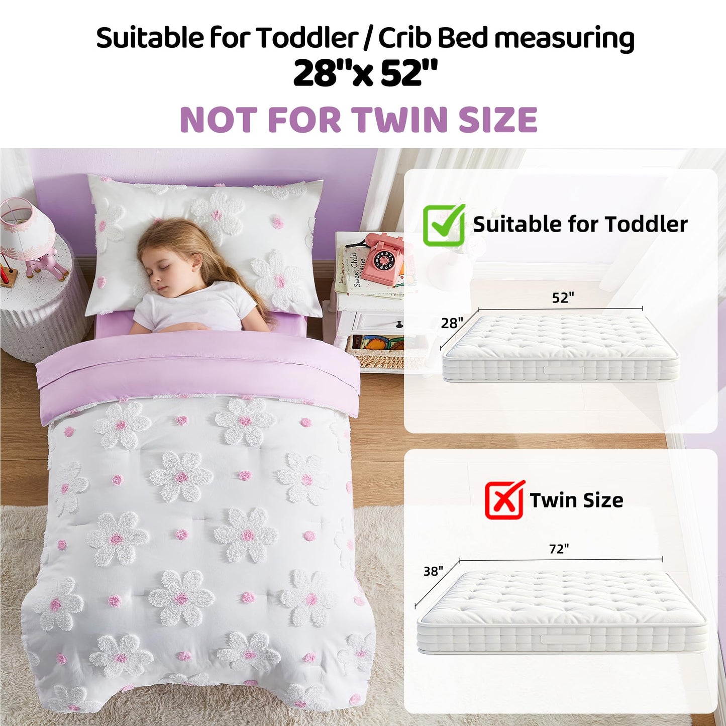 Toddler Bedding Set for Girls 4-Piece Purple Boho Tufted Daisy Flowers Toddler Bed Comforter Set Bed-in-a-Bag Toddler Sheets Bedroom Set with Toddler Comforter, Flat Sheet, Fitted Sheet, Pillowcase