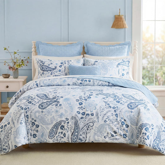 Bedorm 100% Cotton Duvet Cover Set Blue Paisley Bedding Set Vintage Paisley Floral Design Boho Chic Bedding 3 Pcs Soft, Breathable & Durable Duvet Cover with Zipper Closure