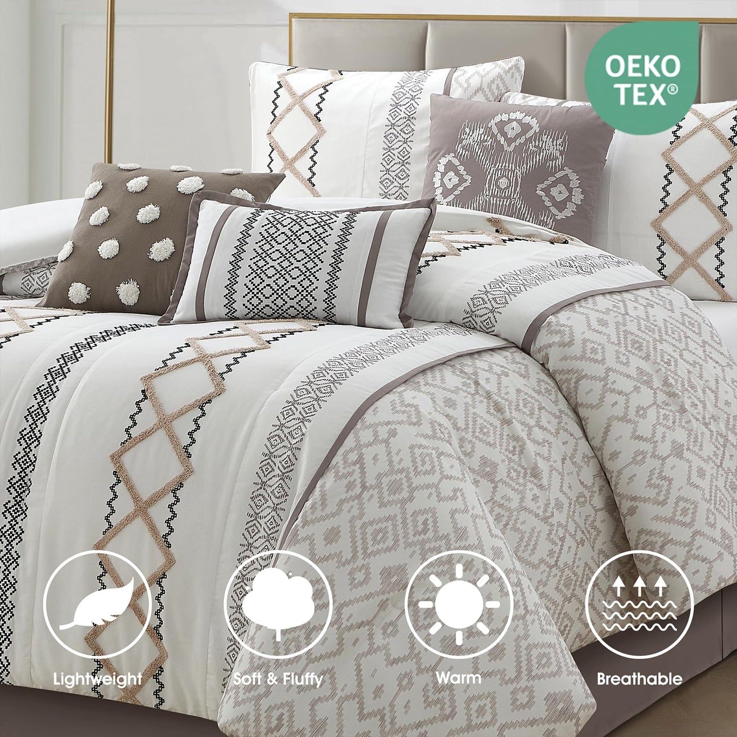 LANCO MODERN LIFESTYLE Taupe Queen Comforter Set, 7 Pieces All Season Bedding Sets in a Bag with Geometric Terry Embroidered Comforter, Bed Skirt, Pillow Shams and Decorative Pillows