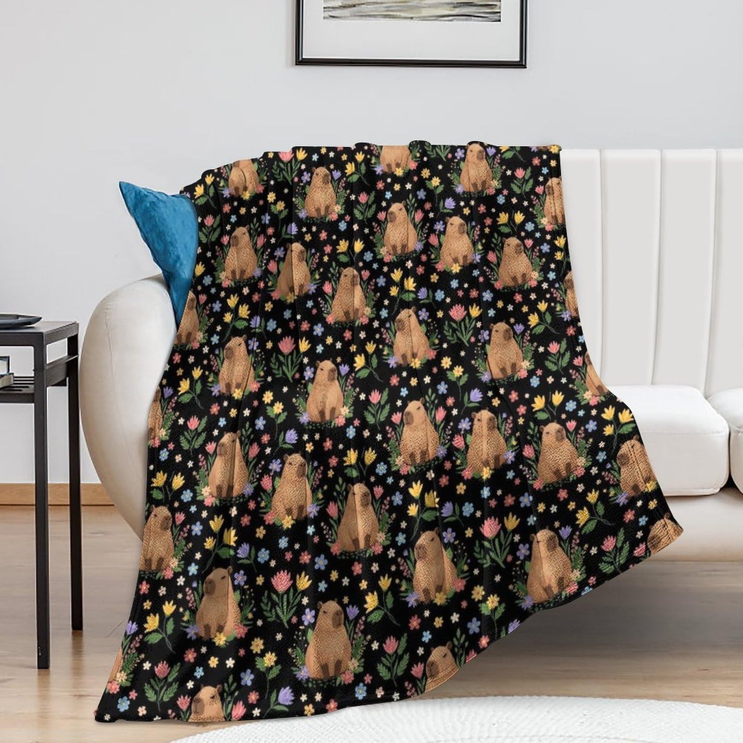 Soft Throw Blanket Cozy Warm Blanket for Bed, Sofa and Couch, Fashion Home Decor Bedspread Compatible with Floral Flowers Cute Capybara Black