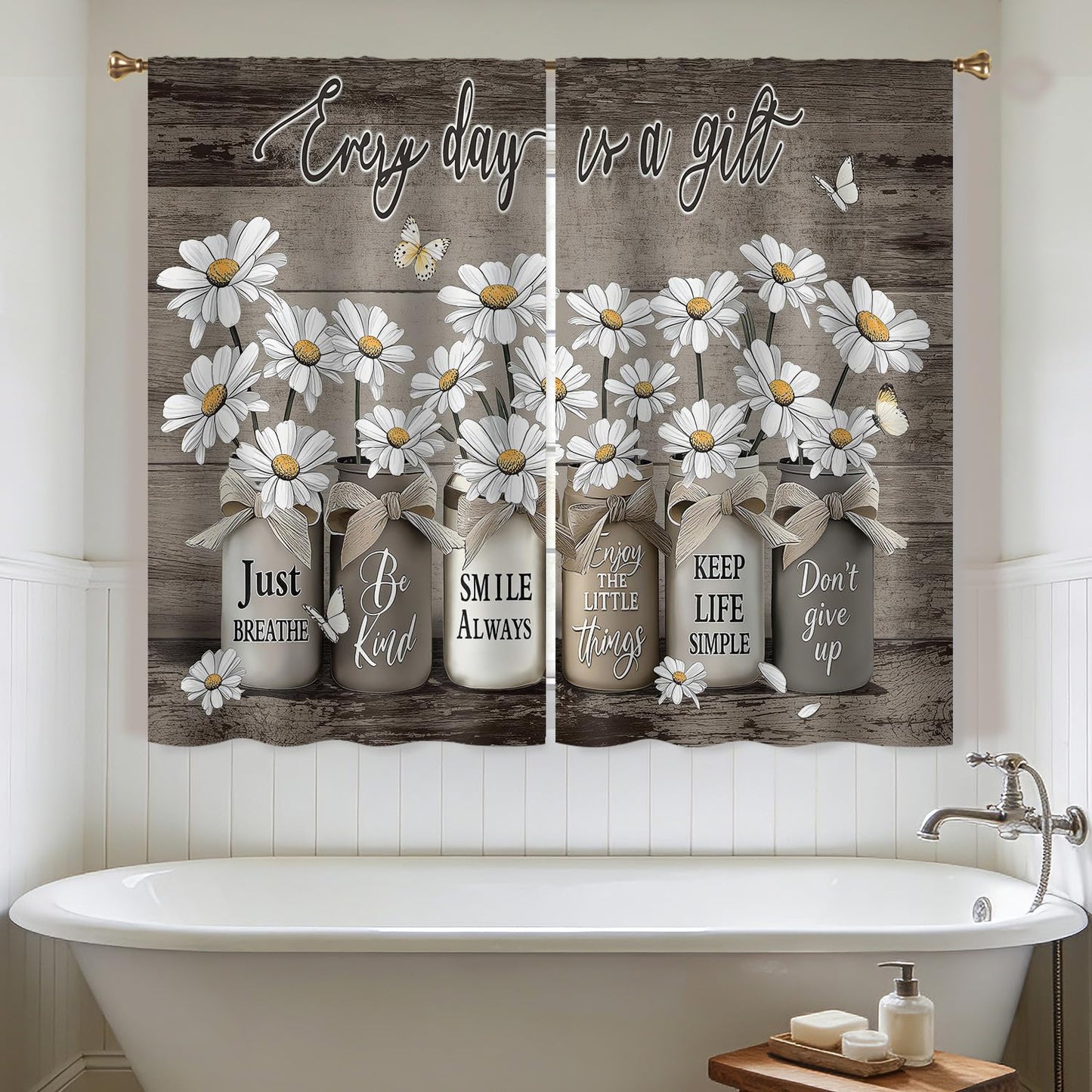 Cizuug Farmhouse Vintage Daisy Floral Kitchen Curtains Rustic Flower Inspirational Small Short Cafe Window Curtains Wooden Country Quotes Bathroom Living Room Bedroom Drapes Treatment(27.5x39 Inch)