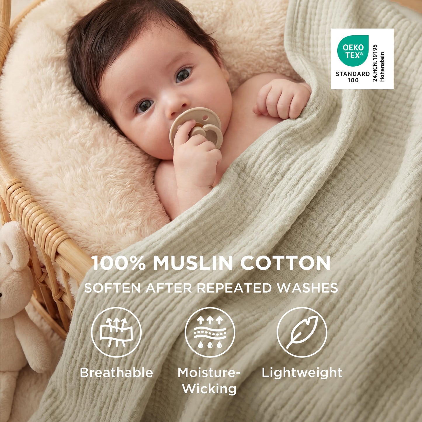 Bedsure 100% Cotton Muslin Blankets for Adults Large Throw 50x70 Inches - 4-Layer Breathable and Lightweight, Soft Boho Gauze Muslin Cotton Blanket for Couch Decor Travel Summer, Linen Beige