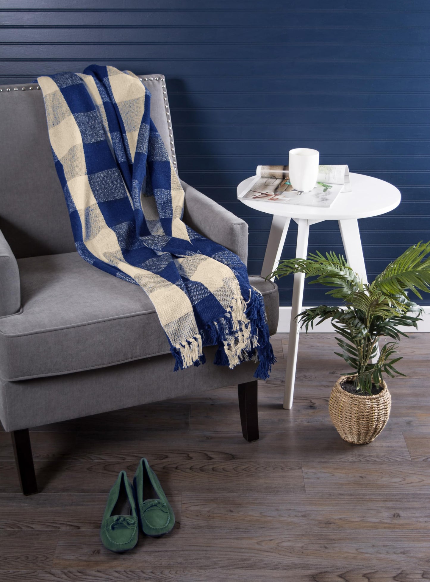 DII Buffalo Check Collection Rustic Farmhouse Throw Blanket with Tassles, 50x60, Navy/Off-White