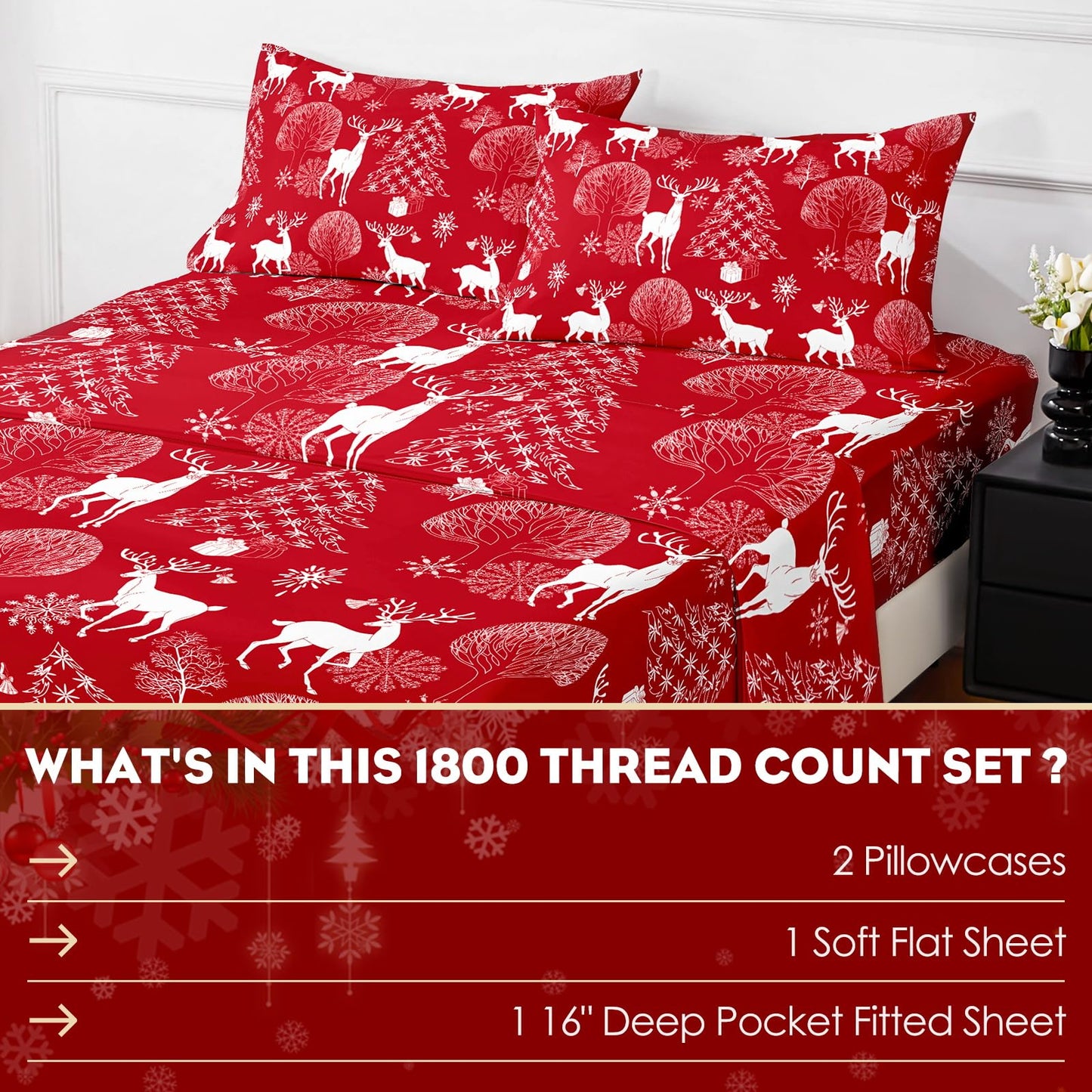 HCORA Christmas King Size Sheets Set, Luxury 1800TC Hotel Quality Double Brushed Microfiber Deep Pocket Bed Sheets, Ultra Soft, Breathable, 4PC, King