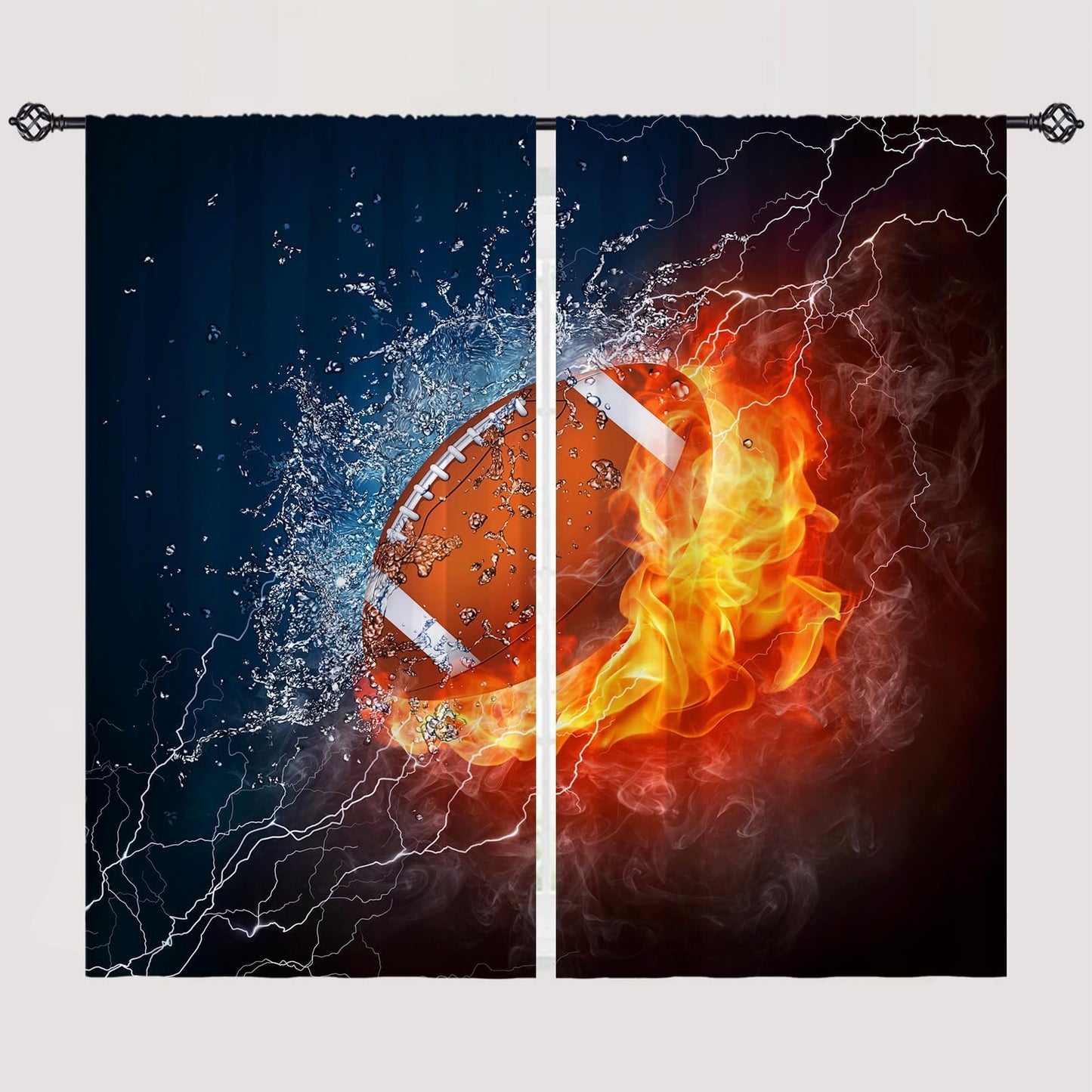 YUANZU Kids Football Curtains W42 x L63 Inch Rod Pocket Sports Water Fire Rugby Flame Thunder Lightning Print Pattern Privacy Fabric Window Drapes for Boys Bedroom Nursery Baby Playroom 2 Panels
