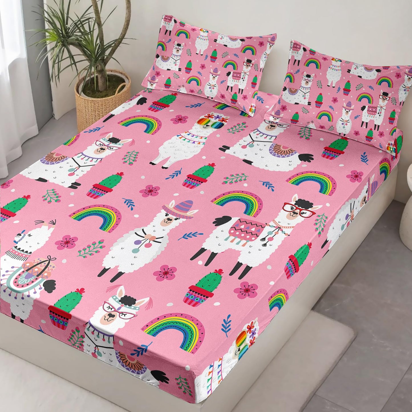 HOSIMA Kids Girls Pink Twin Fitted Sheet with 2 Pillowcases,Cute Llama Alpaca Fitted Sheet Animal Bedding Sets for Room Decor,Rainbow Cactus Flower Sheets with 15Inch Deep Pockets.