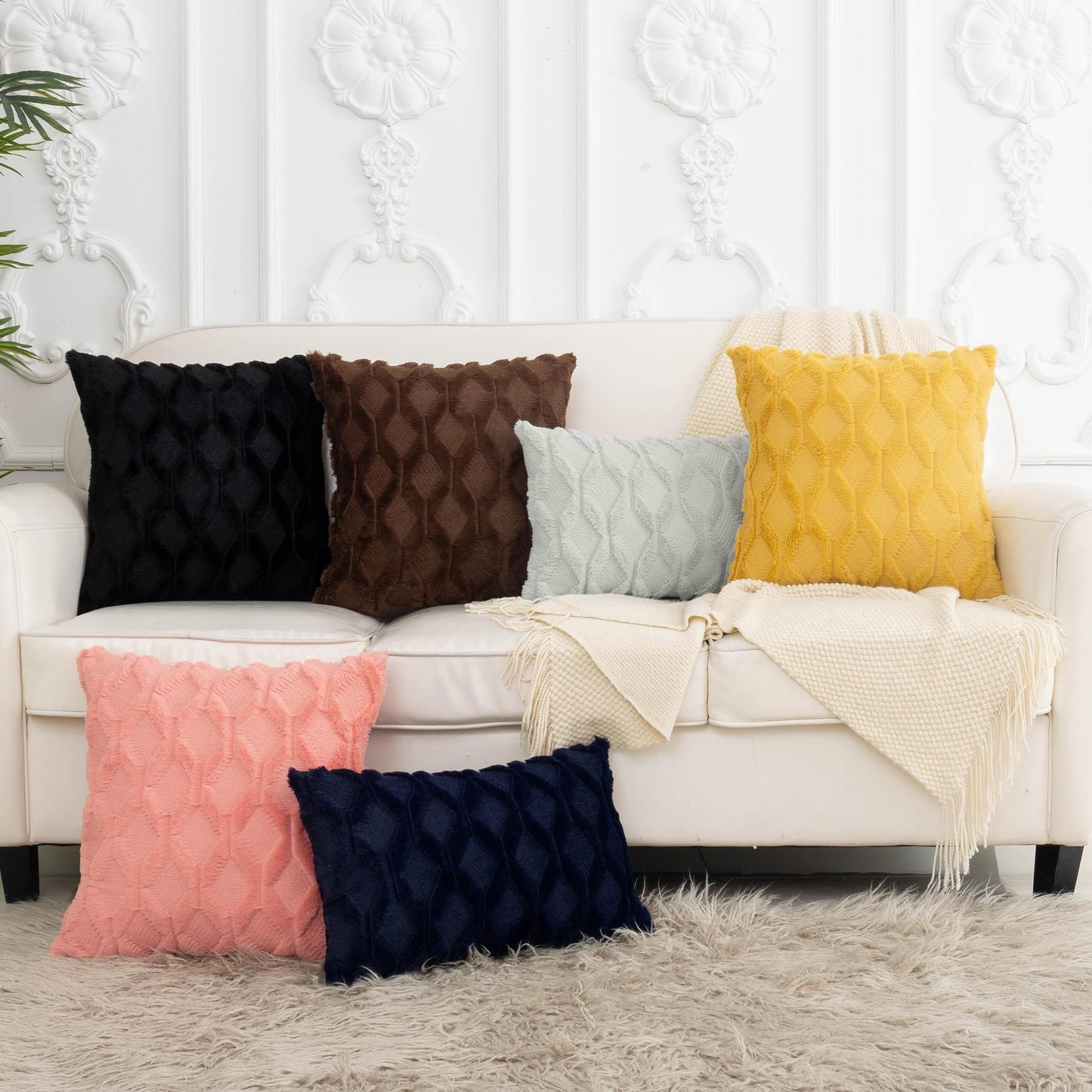 Smile of hope Brown Throw Pillow Covers 18x18 Set of 2 Decorative Farmhouse Couch Throw Pillows Boho Shells Cute Soft Plush Wool Winter Pillowcases for Bedroom Living Room Sofa