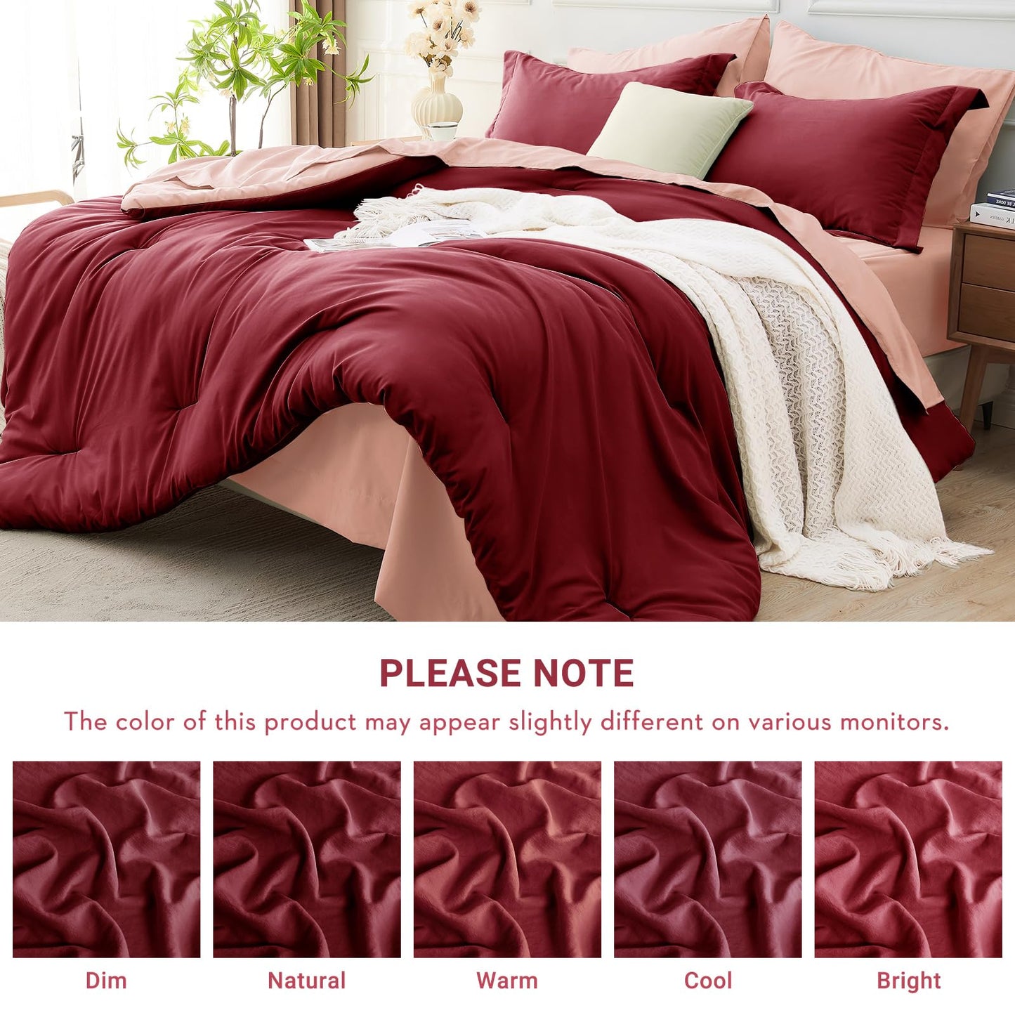 MUXHOMO 7 Pieces King Comforter Set, Soft Bed in a Bag King Size, All Season Bedding Set with Comforter, Flat Sheet, Fitted Sheet, Pillowcases & Shams, Burgundy & Rose Gold
