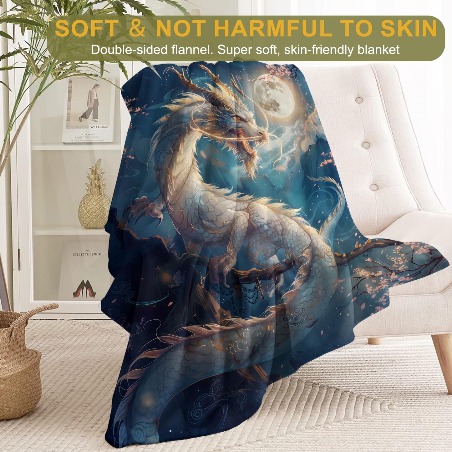 ainori Dragon Flannel Blanket - Moonlit and Cherry Blossom Throw,Playful Gifts for Adult & Fantasy Lovers, Ultra Soft & Warm,Lightweight, for Couch Bedroom Living Room Modern Decor 50x60in