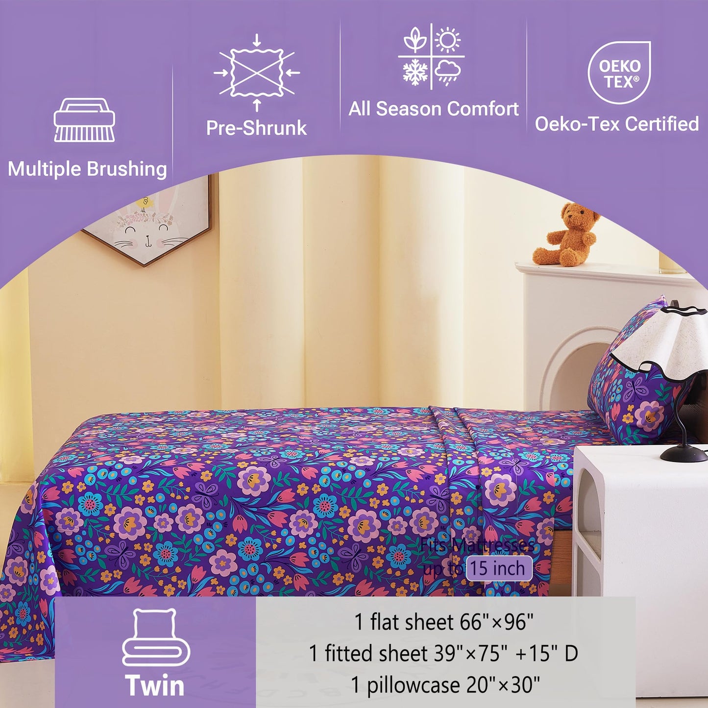 Softan Kids Bed Sheet Set, 3-Piece Twin Sheets Set, Microfiber Fitted Sheet with Corner Straps, Breathable & Silky Soft Purple Flower Butterfly Pattern Sheet and Pillowcase Sets
