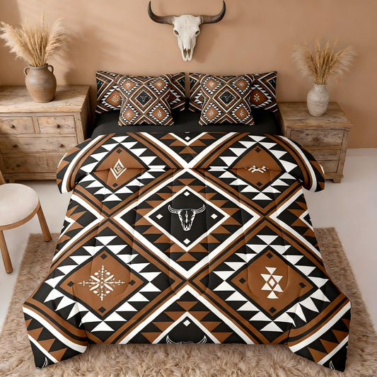 Erosebridal Rustic Western 7 Pcs Comforter Set King for Men,Southwestern Aztec Bedding Bohemian Quilt Ethnic Horns Bull Skull Farmhouse Bedroom Decor Brown Geometric Diamond Sheet Set Bed in A Bag