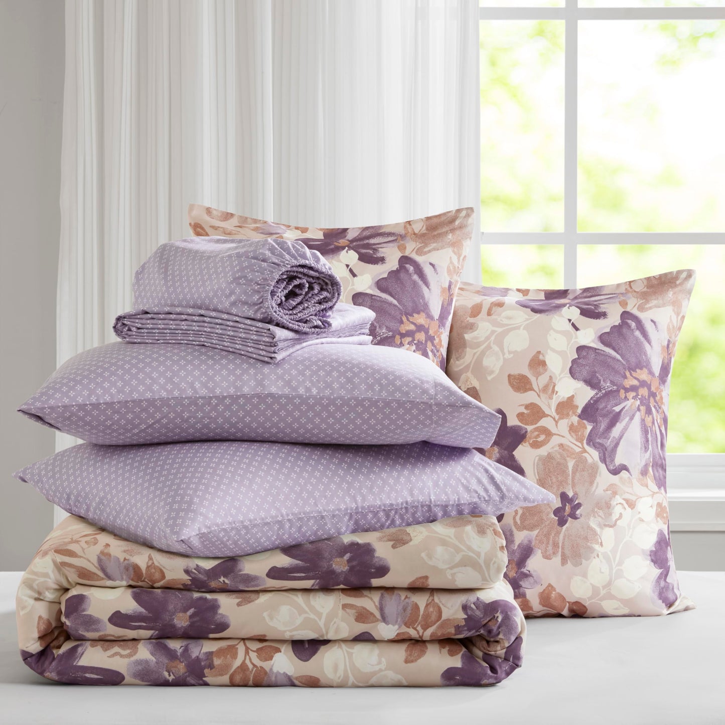 Madison Park Essentials Twin Comforter Set with Sheets, Floral Bed in A Bag Microfiber Comforter for Twin-Size Bed, Shabby Chic Bedding Set Diamond Printed Sheet, Luna, Taupe 5 Piece