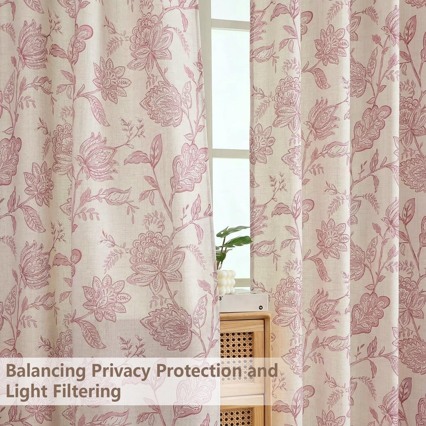 Ebesto Floral Curtains 63 Inch Length - Light Filtering Faux Linen Flower Printed Window Curtains for Bedroom, Rod Pocket No-See Through Privacy Drapes, 2 Panels, Each 40Wx63L Inches, Blush Pink