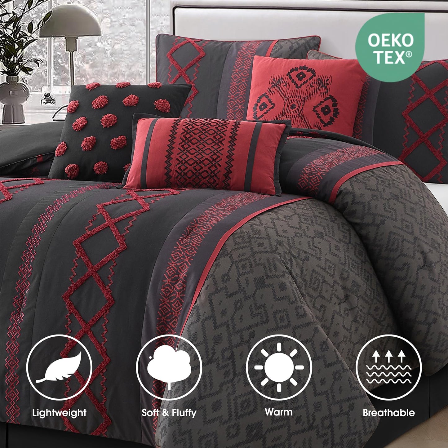 LANCO MODERN LIFESTYLE Black Red Queen Comforter Set, 7 Pieces All Season Bedding Sets in a Bag with Geometric Terry Embroidered Comforter, Bed Skirt, Pillow Shams and Decorative Pillows