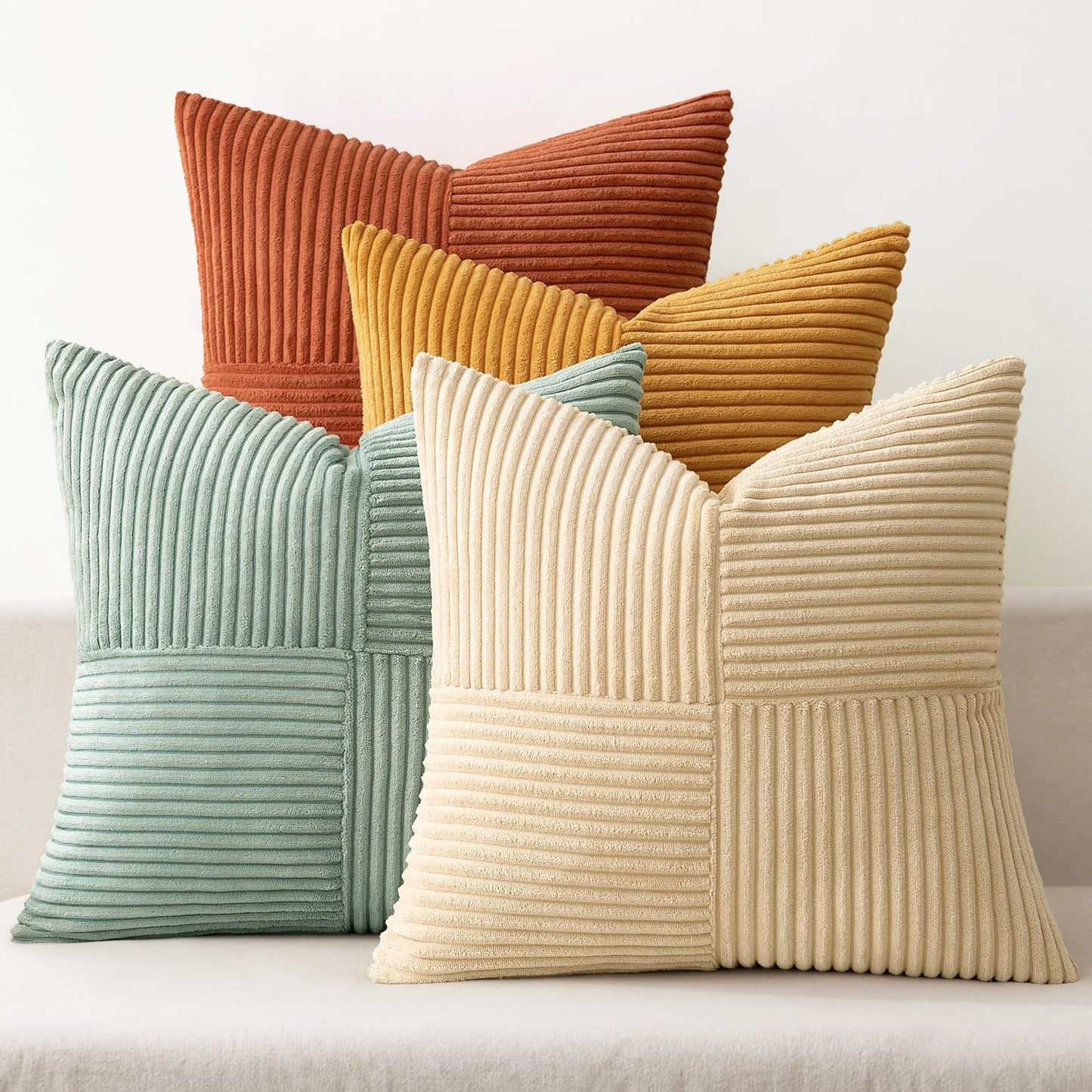 MIULEE Teal Orange Decorative Throw Pillow Covers 18x18 Inch Set of 4 Boho Corduroy Striped Cushion Cases Modern Farmhouse Patchwork Pillow Cases for Couch Sofa Bedroom Home Decor