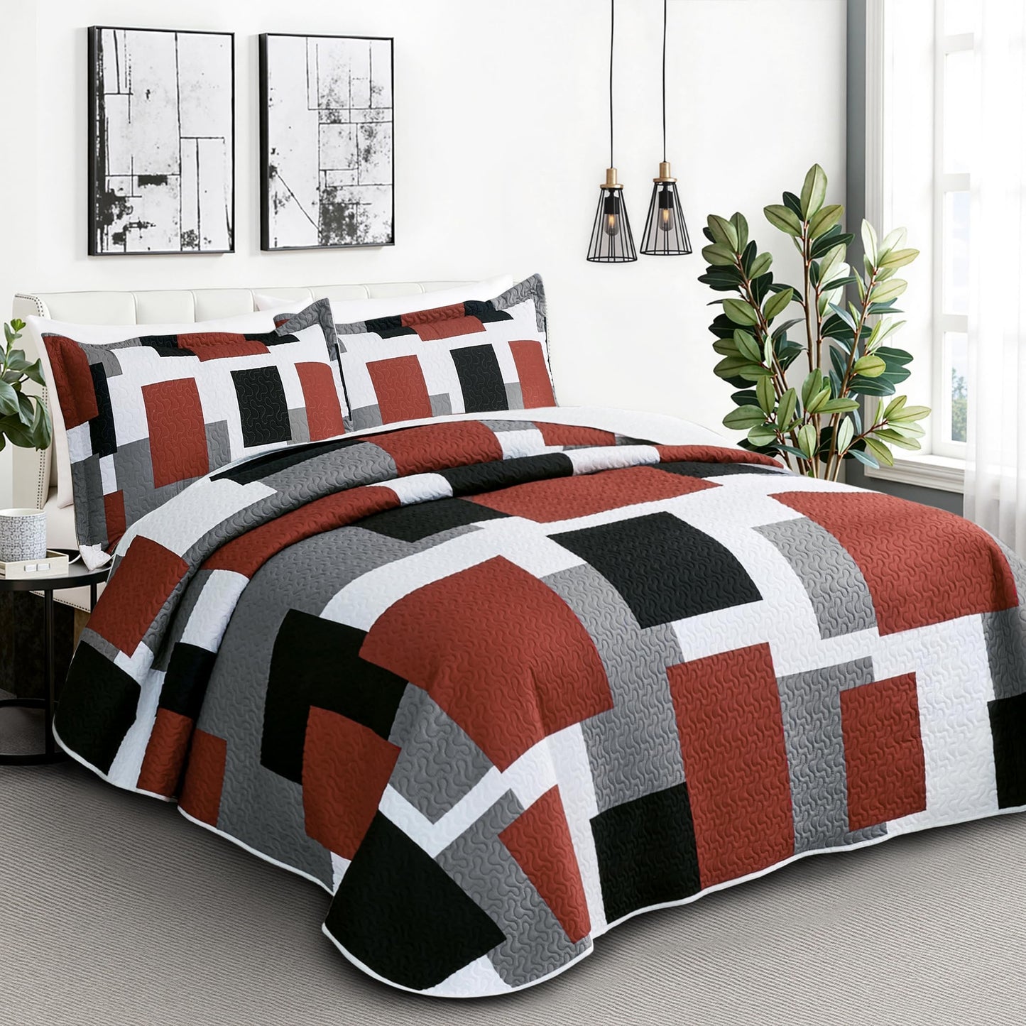 Tyrot 3 Piece Burnt Orange Grey Quilt Set King Size Black White Gray Geometric Reversible Bedding Set Microfiber Lightweight Bedspread Coverlet with 2 Shams Bed Covers for All Season, 106''x96''