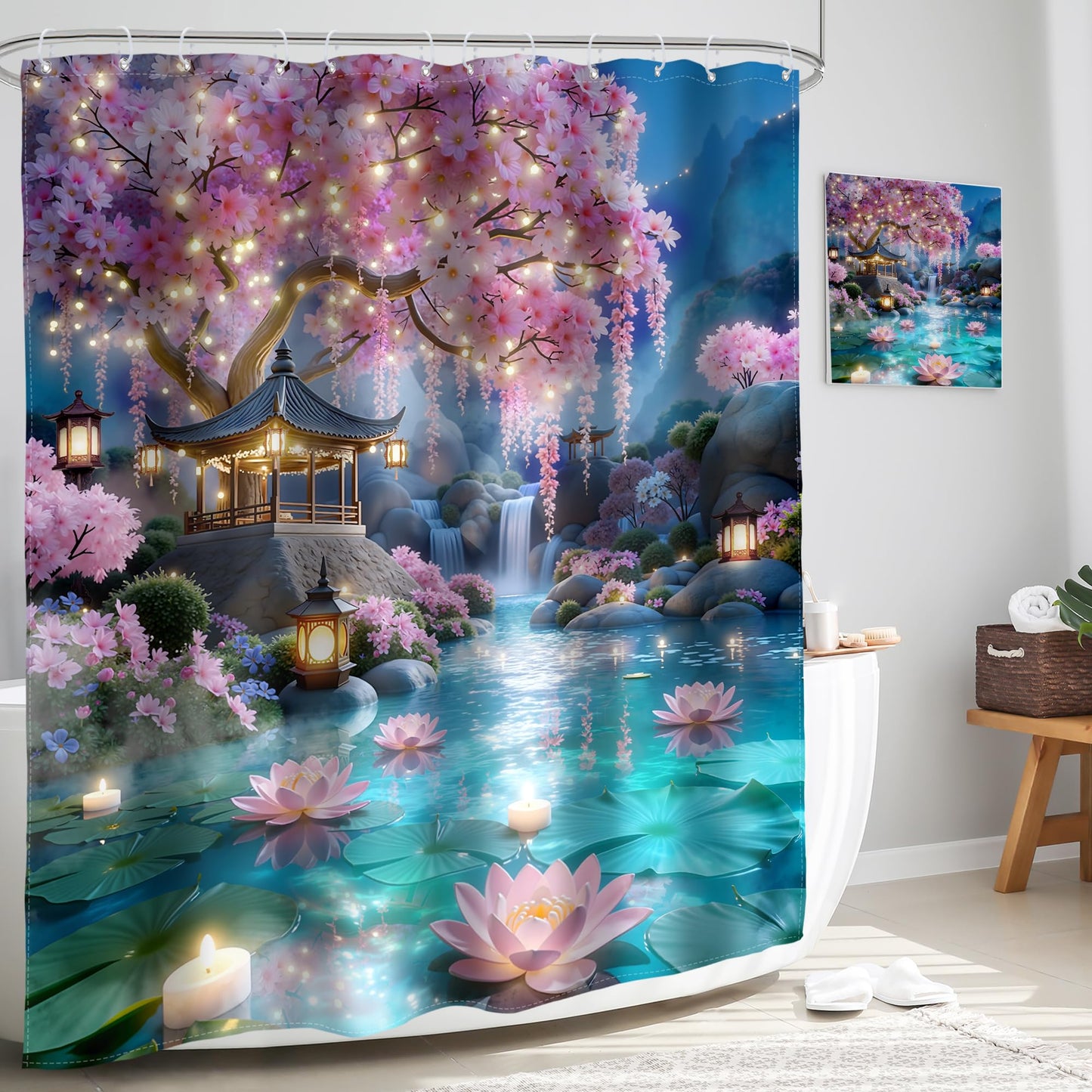 Glawry Japanese Shower Curtain 60Wx72L Inches Pink Floral Cherry Blossom Spring Night Nature Waterfall Lotus Asian Aesthetic Bathroom Accessories Art Home Decor Fabric 12 Hooks