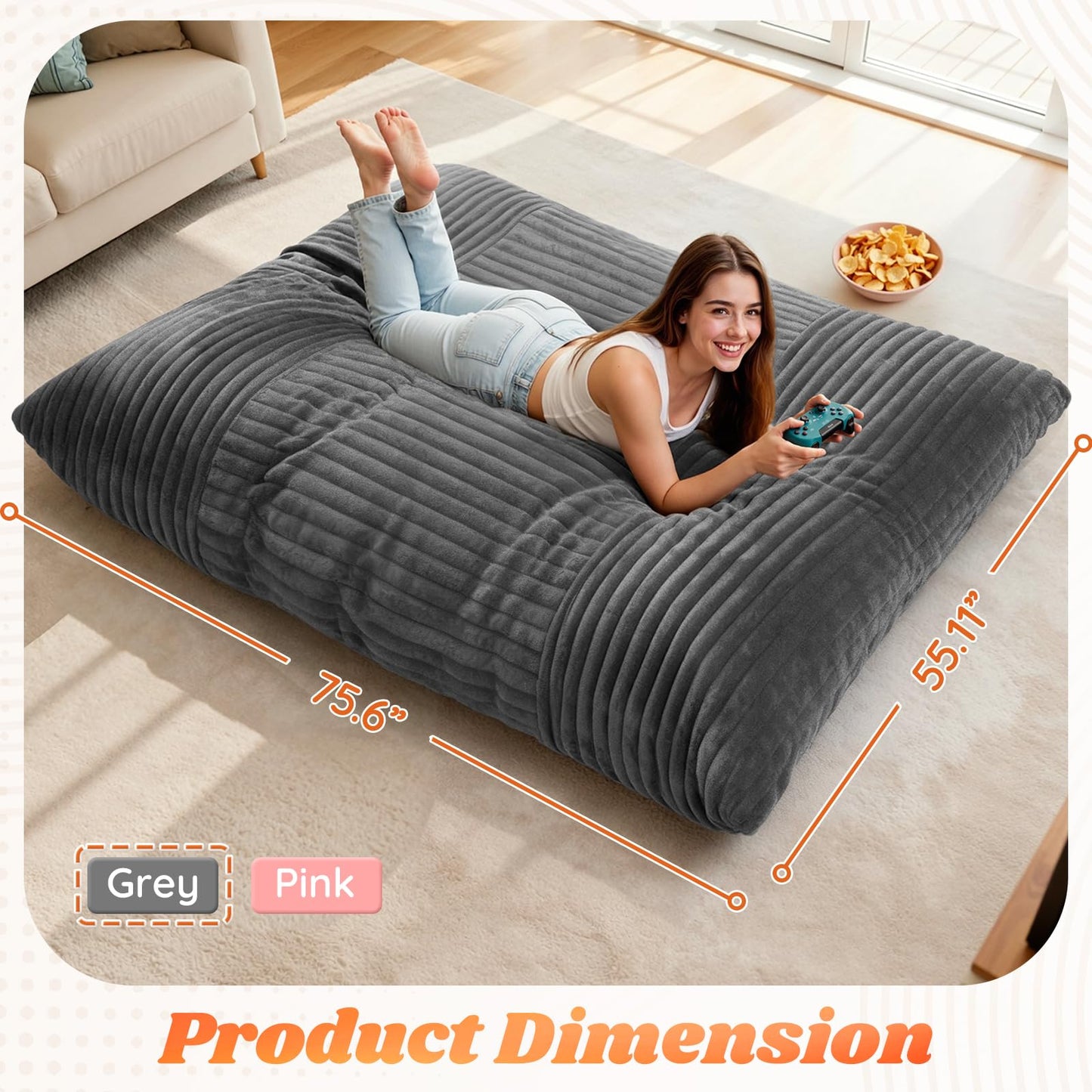 LuxMoment 3 in 1 Giant Bean Bag Chair for Adults and Kids, Oversized Convertible Bean Bag Bed with Machine Washable Cover, Comfy Soft Memory Foam Floor Sofa for Living Room, Bedroom & Game Room(Grey)