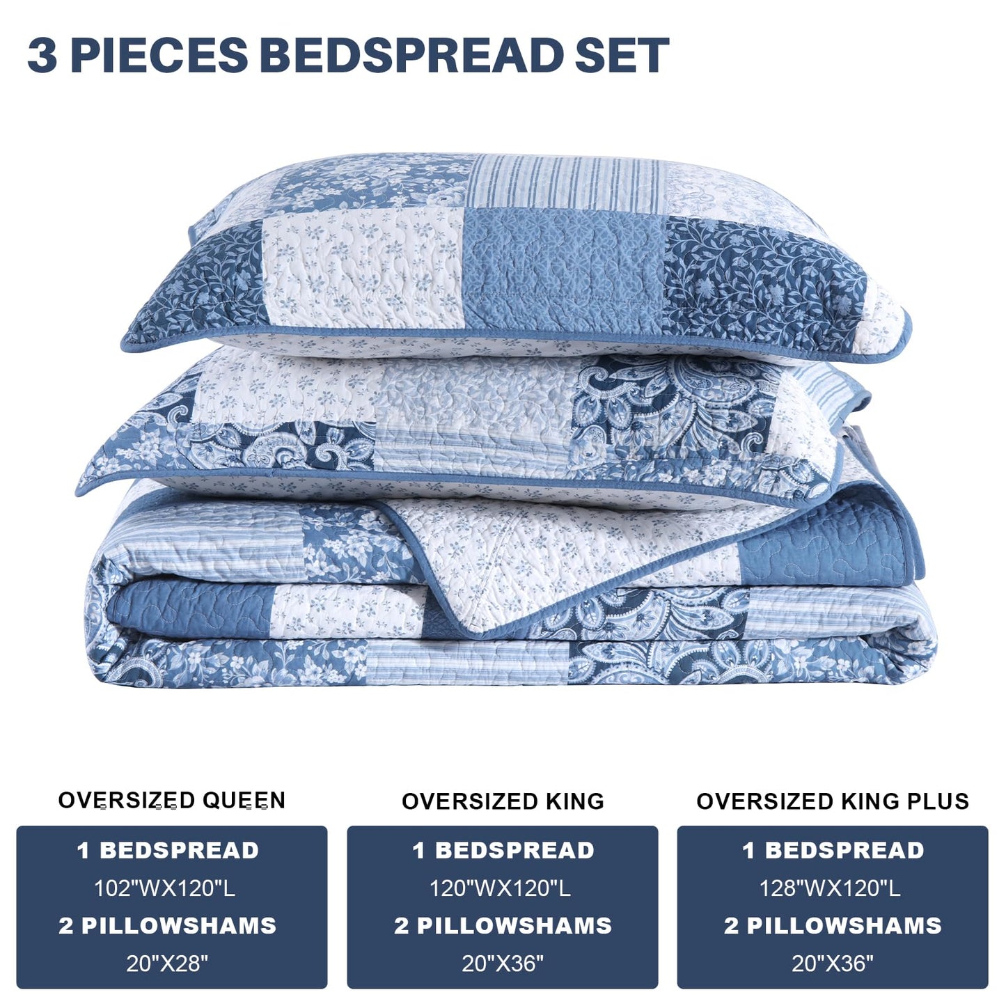 FineStichery 100% Cotton King Bedspread 120x120, Oversized Quilt Set, Farmhouse Extra Large Coverlet, Plaid Botanical and Paisley Pattern, Lightweight, Reversible, 3 Piece, Blue/White