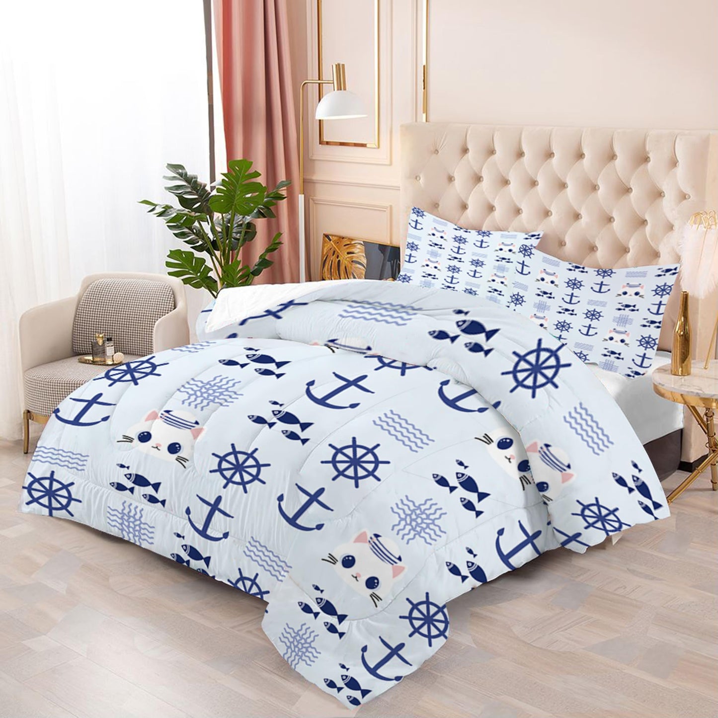 EDGZKO Nautical Cat Comforter Set Full Size Navy Anchor Sailor Cats Bedding Sets Cartoon Blue Marine Theme Bed Set for Teen Girls Boys Kids, 1 Comforter & 2 Pillowcases