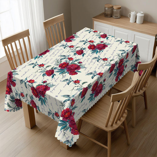 DRAVVIX Vintage Rose Rectangular Tablecloth Red Flower Table Cloth with Wavy Lace Decoration Polyester Table Cover for Dining, Parties 54x72 inch