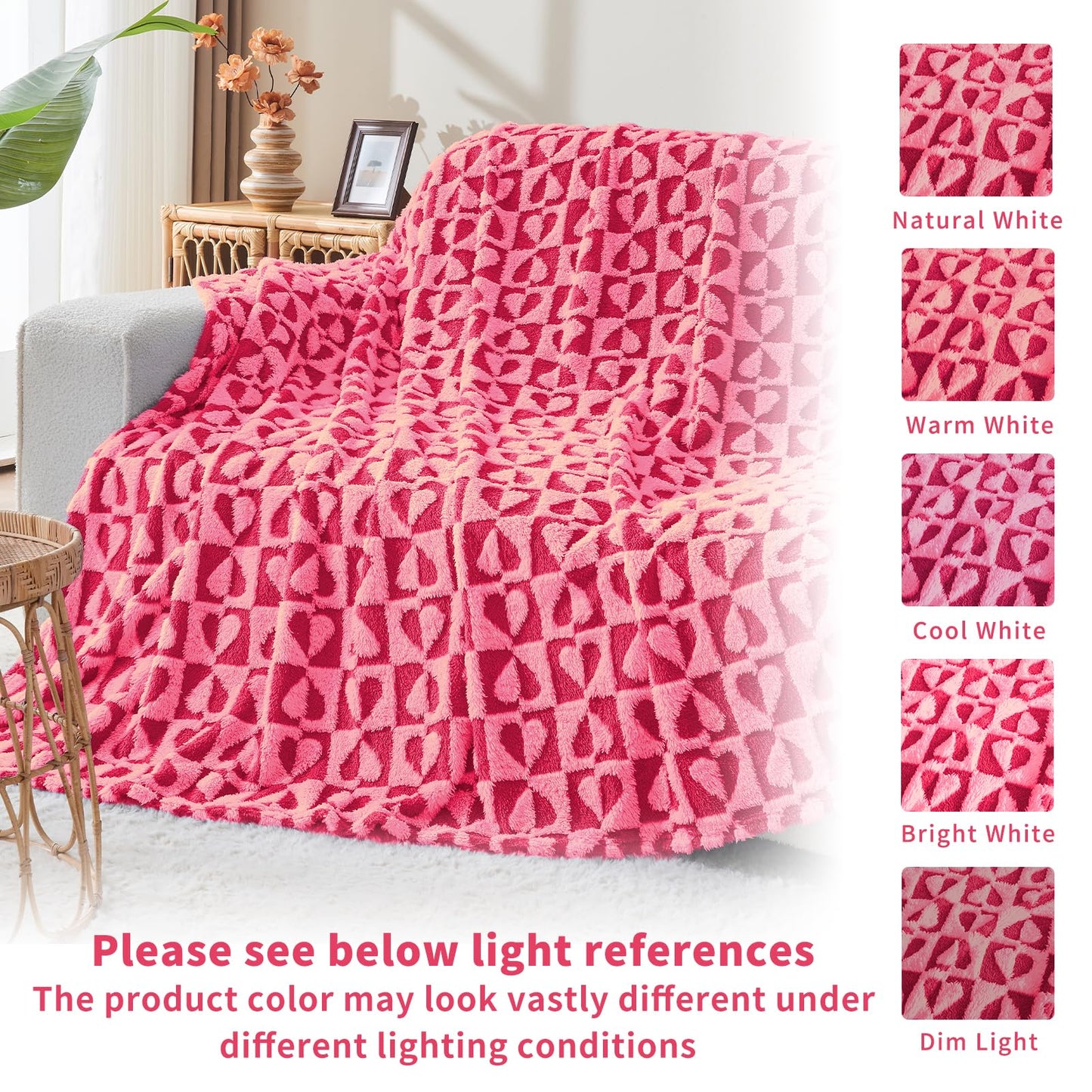 GIOKARNNA Hot Pink Throw Blanket with Hearts Checkered Throw Blanket for Lover Mom Gifts Valentines Day Blanket Lap Blanket, 60x80 Inches, 300GSM