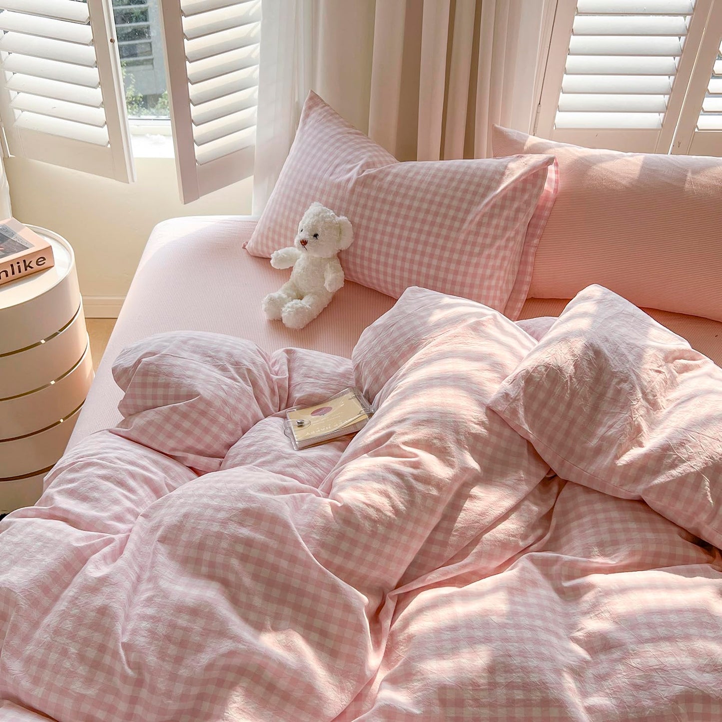VM VOUGEMARKET Pink Gingham Duvet Cover Set for Girls, Queen Size