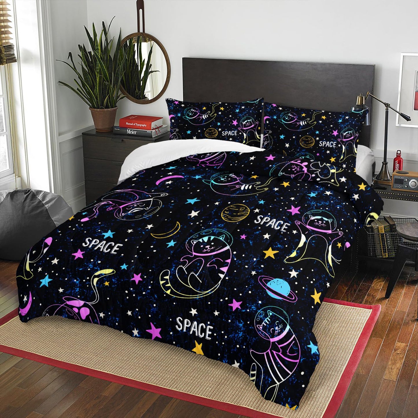 Nttopship Space Cat Comforter Set Queen,Kawaii Cat Moon Stars 3 Pieces Bedding Set for Teens Kids,Galaxy Down Alternative Bed Comforters Bedding Sets for All Season