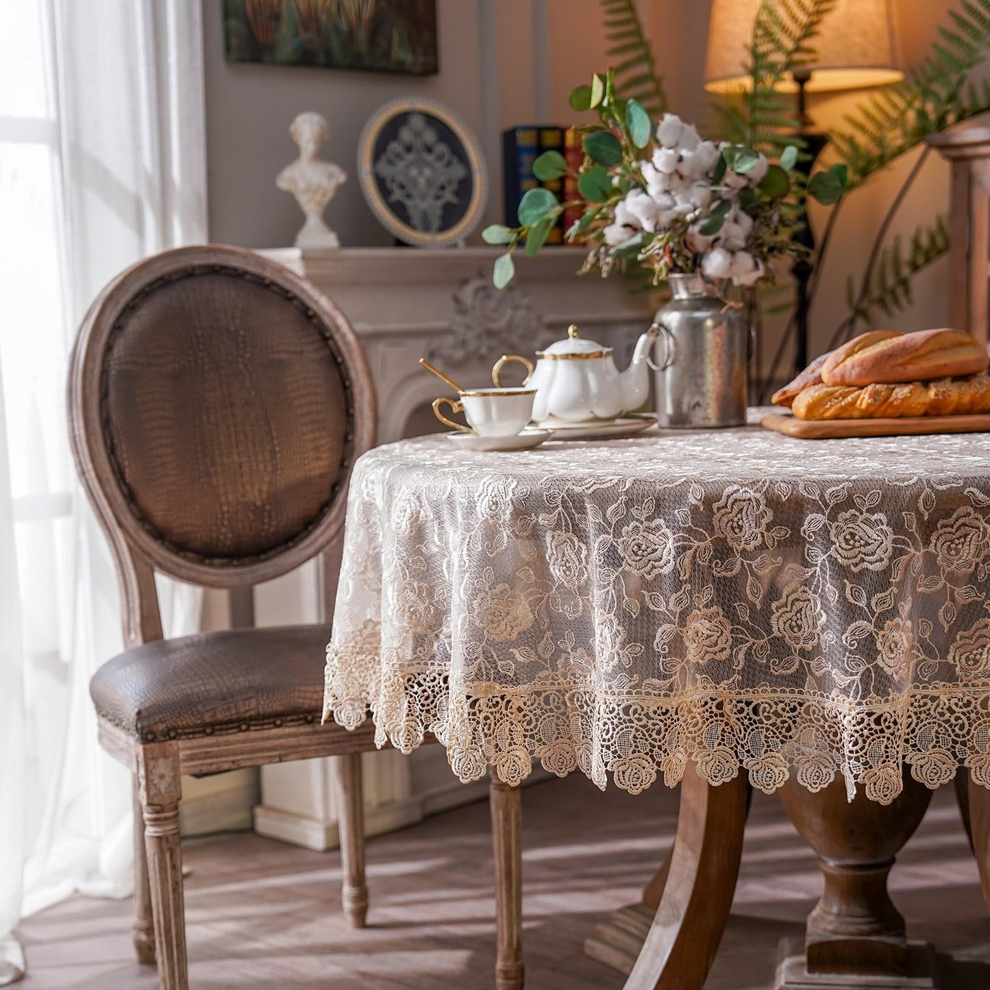 ARTABLE Rectangle Small Table Cloth Lace Macrame Vintage Tablecloth Shabby Chic Embroidered Oblong Table Cover for Wedding Banquet Holiday Long Dinner Tables (Golden, 70 Inch Round)