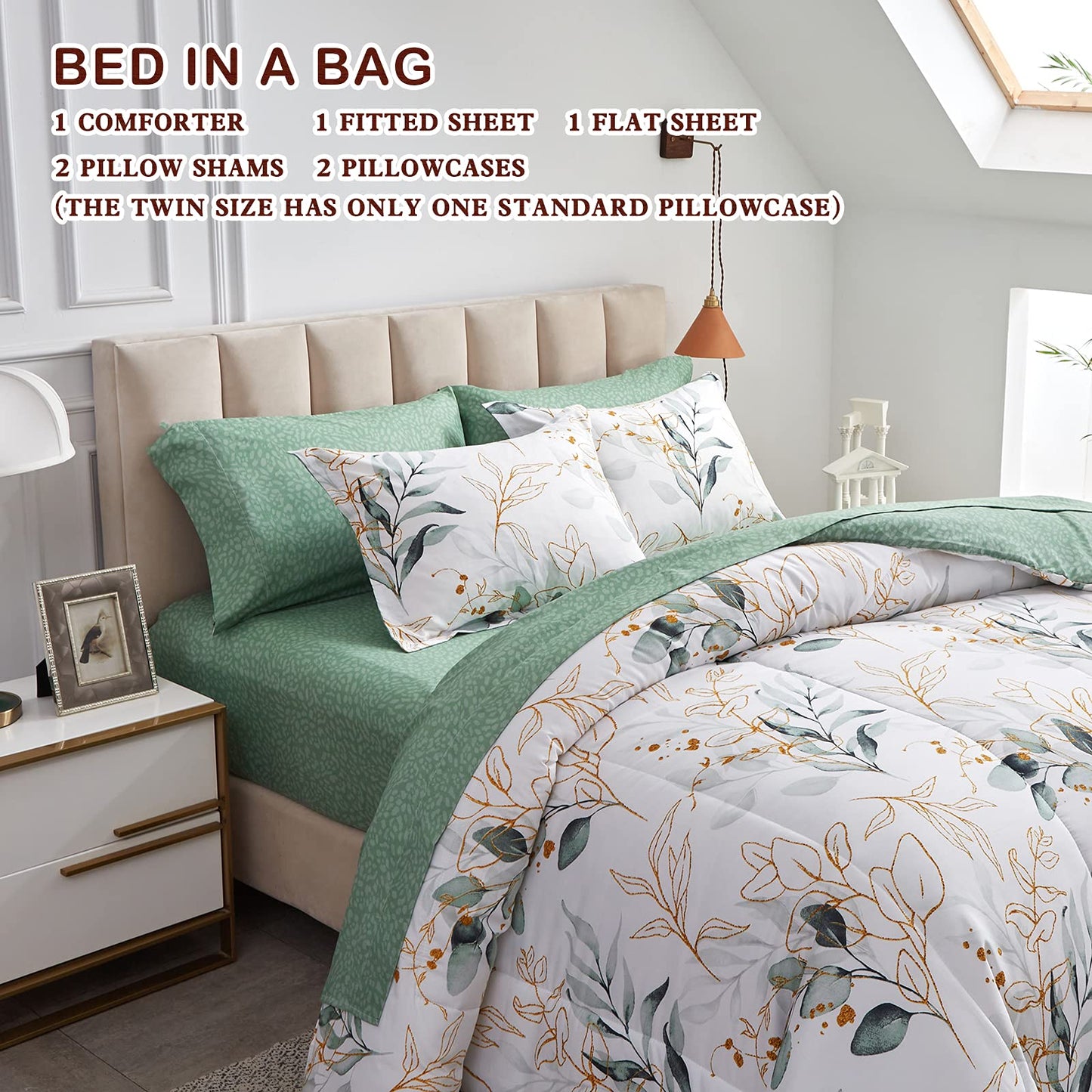 Joyreap 6 Piece Bed in a Bag Twin, Green Leaves Printed on White Botanical Design, Microfiber Comforter Set for All Season (1 Comforter, 2 Pillow Shams, 1 Flat Sheet, 1 Fitted Sheet, 1 Pillowcase)