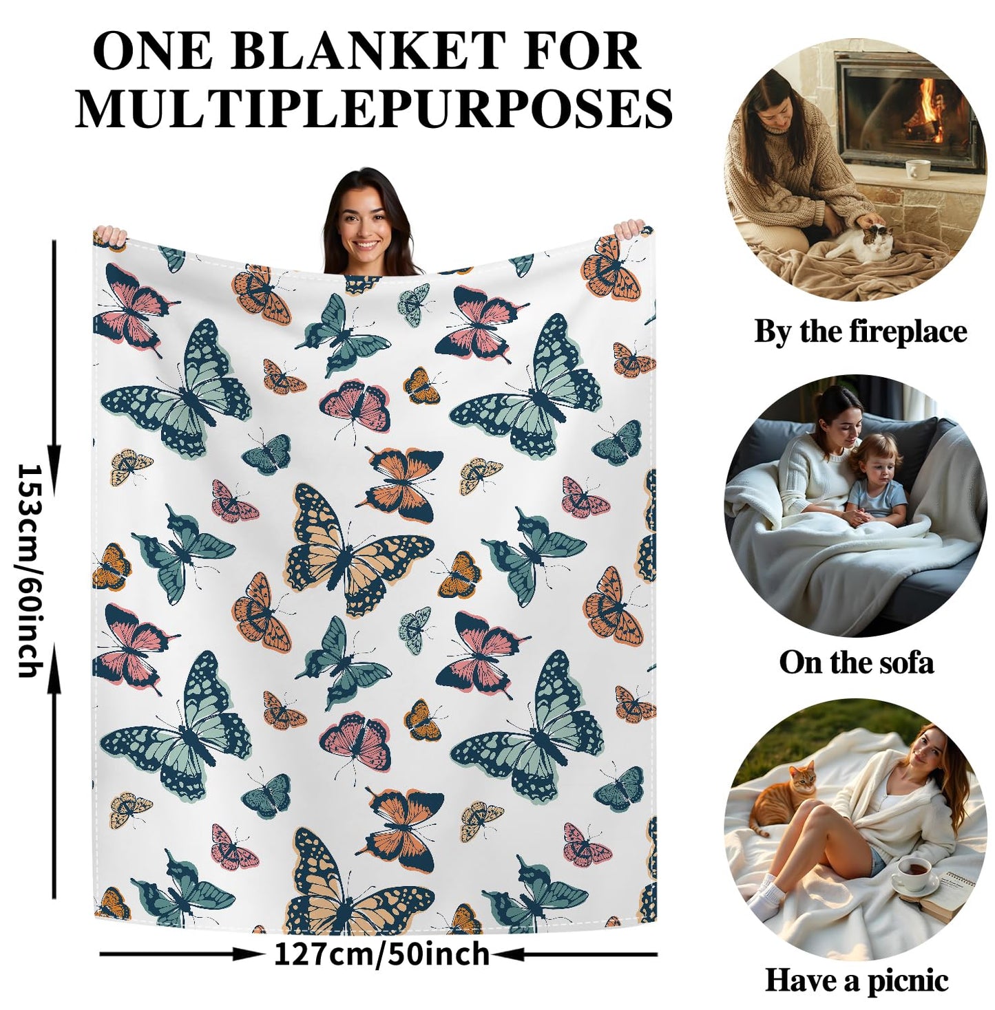 Butterfly - Themed Soft Flannel Blanket Lightweight Decor for Home, Great Gift for All Seasons for Women, Girls, and Lovers of Butterflies (50"x60")