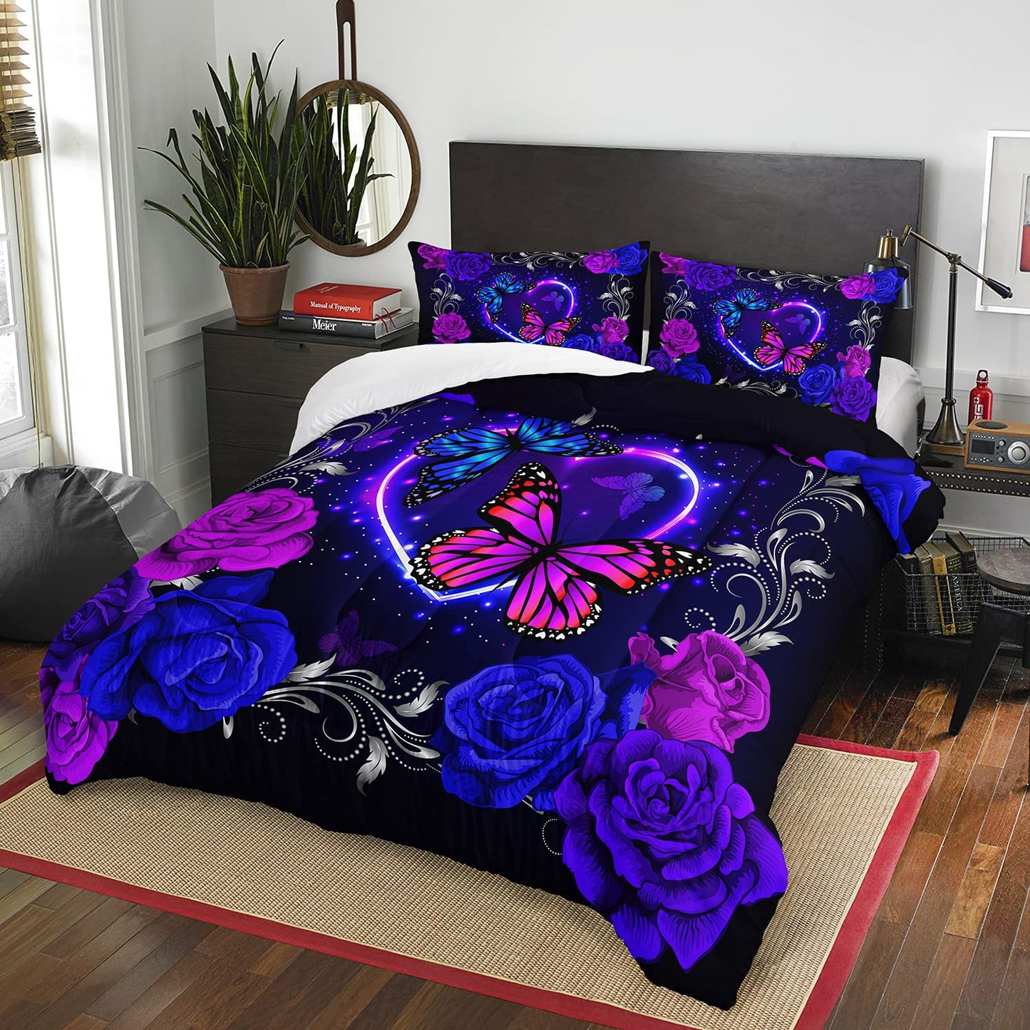 AILONEN Butterfly Comforter Set Queen Size, Blue Purple Flowers Print Bedding Set for Kids Girls Women,Aesthetics Butterflies Pattern Soft Lightweight Duvet Set 3 Pieces(1 Comforter + 2 Pillowcases)