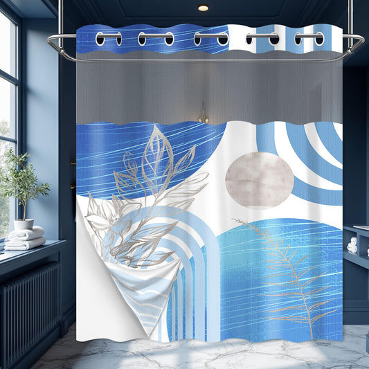 Yieldeer Boho Blue and White Hookless Shower Curtain, 71" W X 74" L
