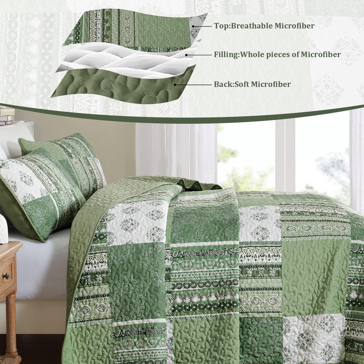 Dintszyayue Boho Quilt Set Queen Size Patchwork Bedspread Coverlet 3 Pieces, Green Boho Quilt Bedding Set Soft Microfiber Summer Bedding Bedspread Set, 96''x90''