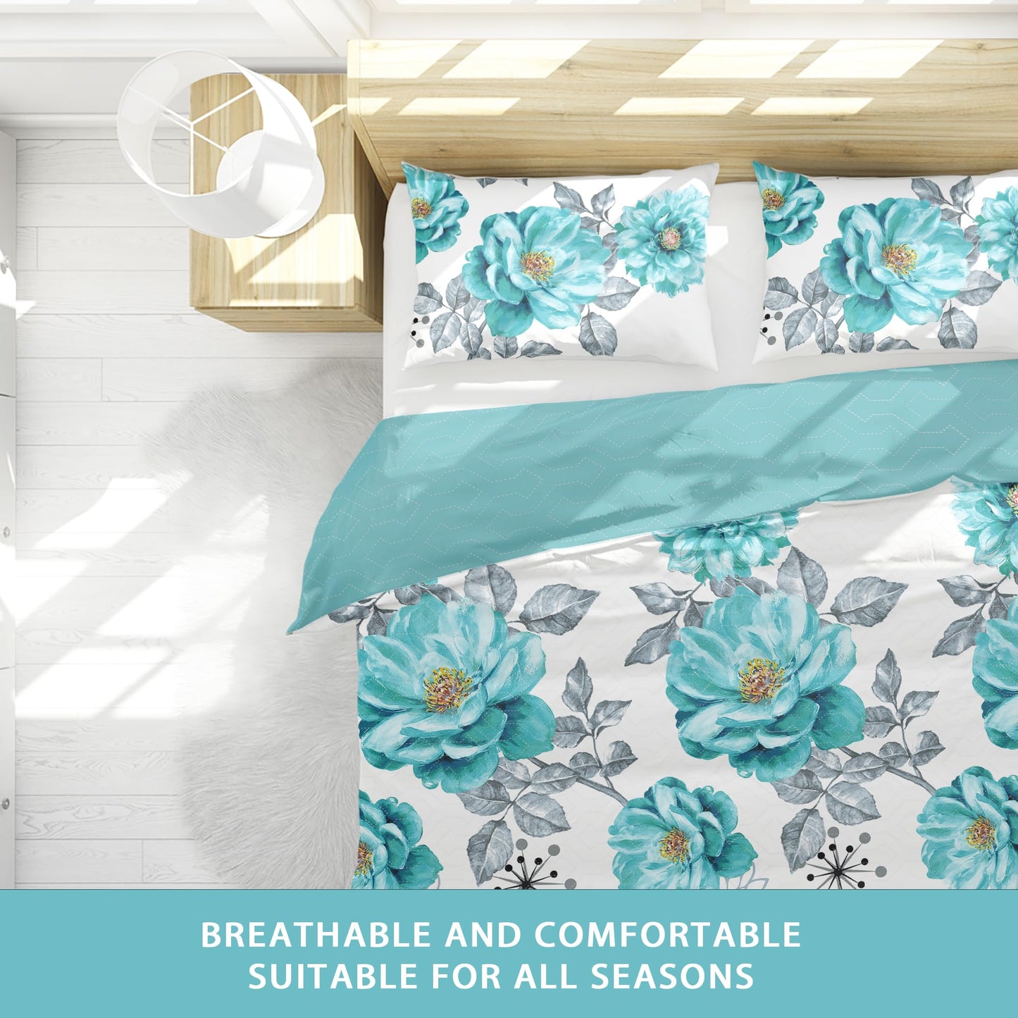 Deepsleep Queen Bedspread Set 9 Pieces, All Season Luxury Bed in a Bag for Bedroom, with 2 Pillowcases and 6 Curtains, Ultra-Soft Microfiber for Complete Bedroom Decor,Queen Size Sapphire Flower