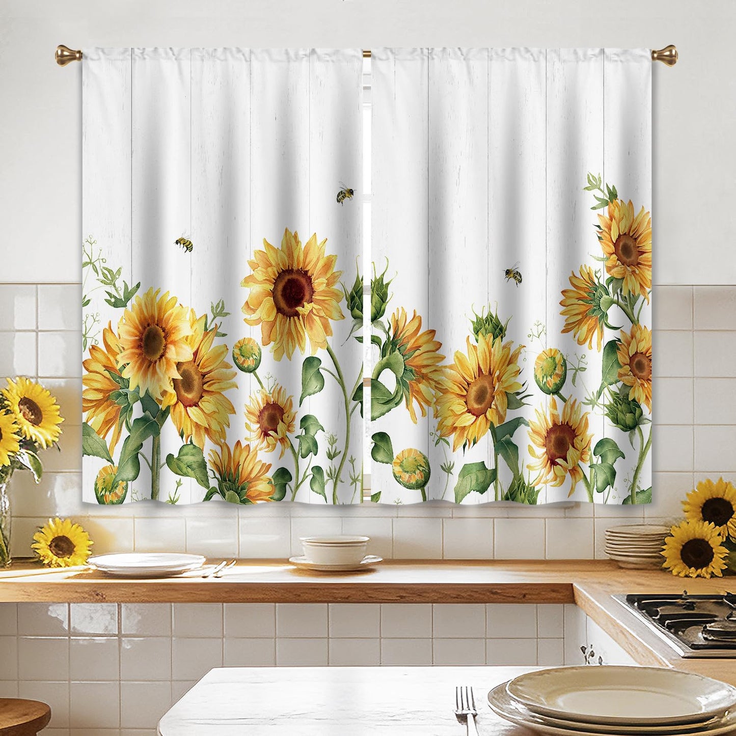 Cizuug Sunflower Farmhouse Kitchen Curtains Yellow Floral Flower Country Rustic Small Short Cafe Window Curtains Country Plant Rod Pocket Bathroom Window Drapes Treatment Curtains 2 Panels