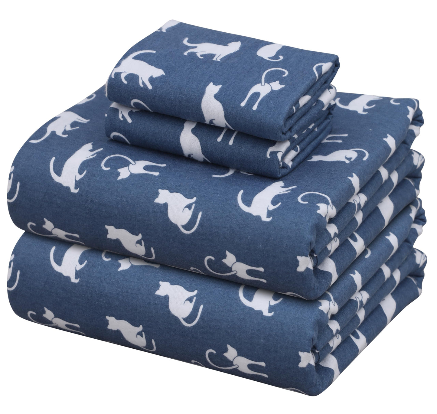 ZOYER Flannel Sheets Queen Size - 100% Cotton Double Brushed Bed Sheets, Deep Pockets 16 Inches Queen Sheet Set, All Seasons Breathable & Extra Soft - Warm & Cozy, 4 Piece, White Cat