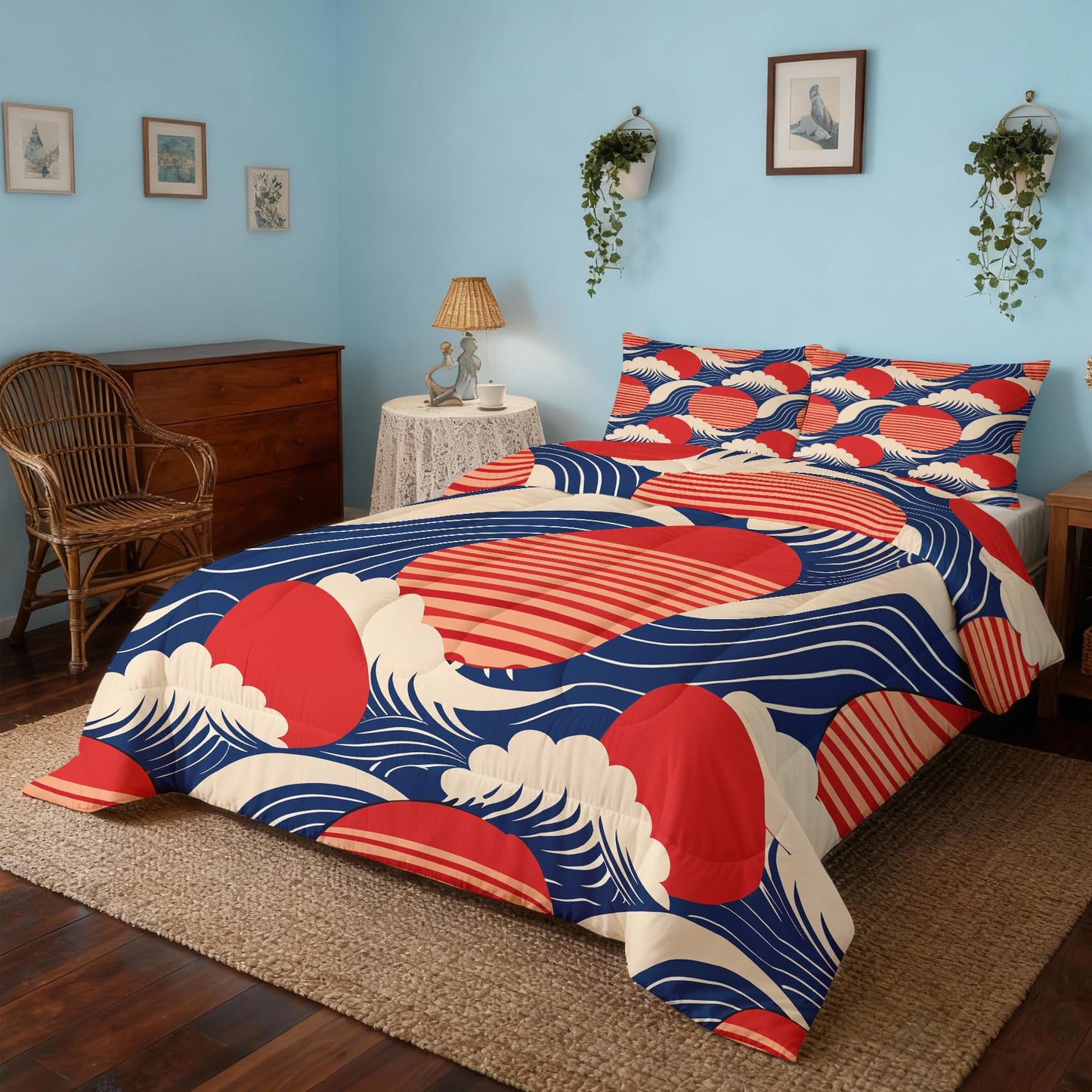 ZDABAOEC Japanese Wave Twin Comforter Set 2 Piece, 1 Pillow Sham, Asian Oriental Japan Style Reversible Down Alternative All Season Bedding, Soft Microfiber, Japanese Wave Bedroom Decor