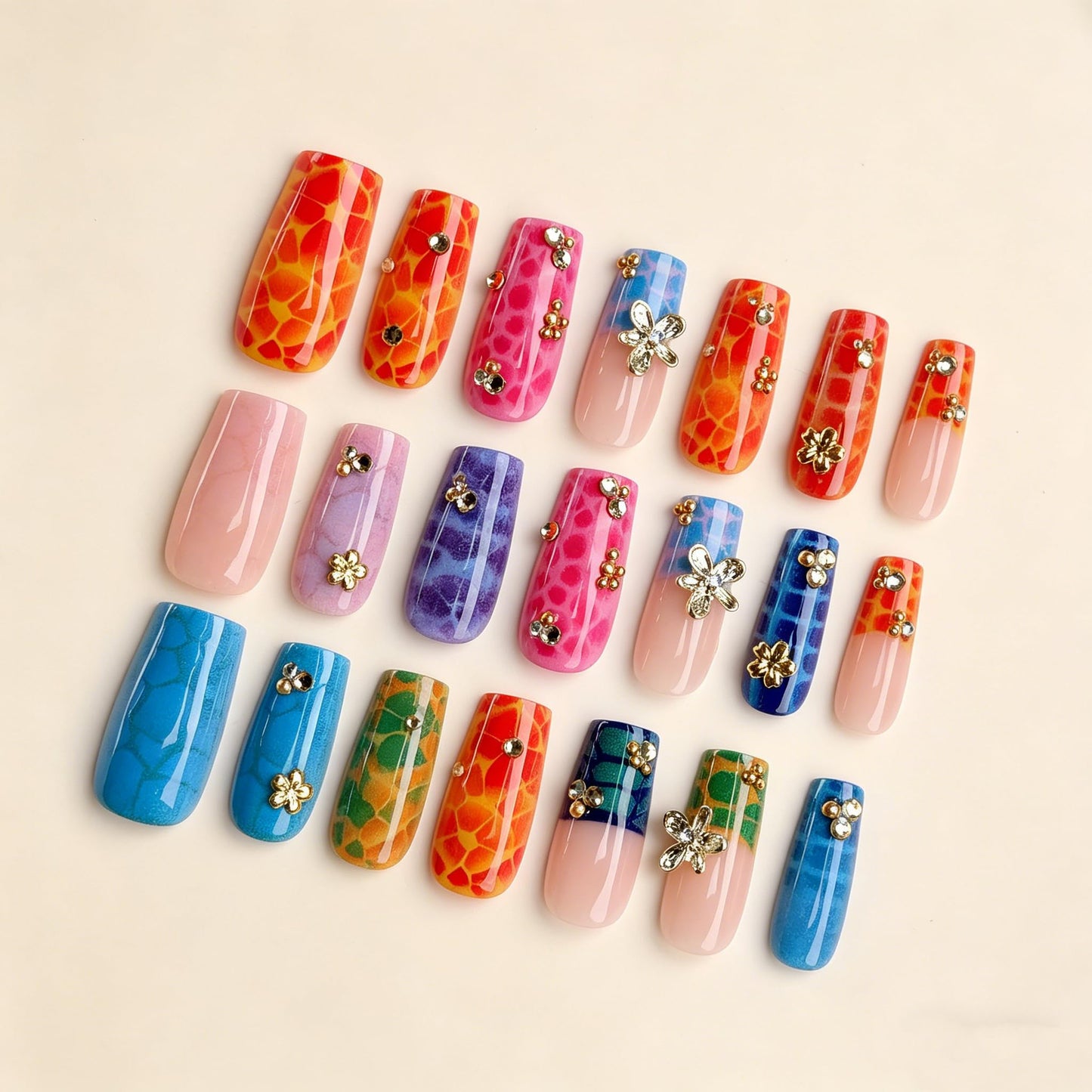 BABALAL Press On Nails, Long Square Fake Nails, Colorful Neon Tortoise Print with 3D Gold Flower & Rhinestone Design, Glossy Y2K Summer Festival Tropical Glue On Nails 24Pcs