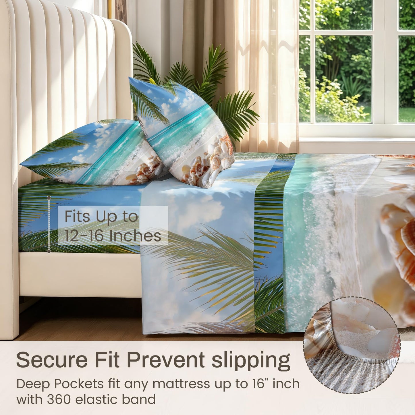 Tropical Beach Sheet Set, 4 Pcs Queen Size Starfish Seashells Bed Sheets