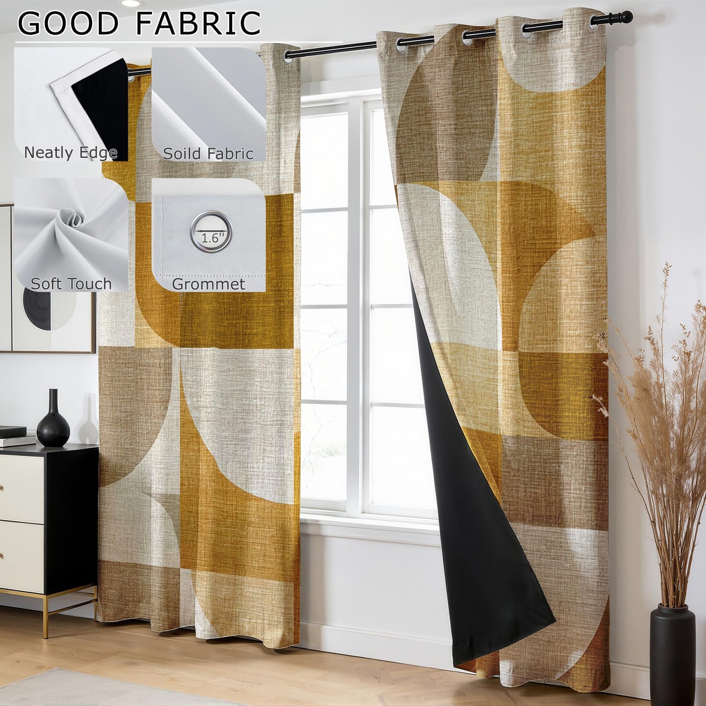 Solvivae Modern Mid Century Blackout Curtains 63 Inch Length, Abstract Geometric Mustard Curtains for Bedroom Living Room, Room Darkening Thermal Insulated Grommet Drapes, Patterned Window Treatments