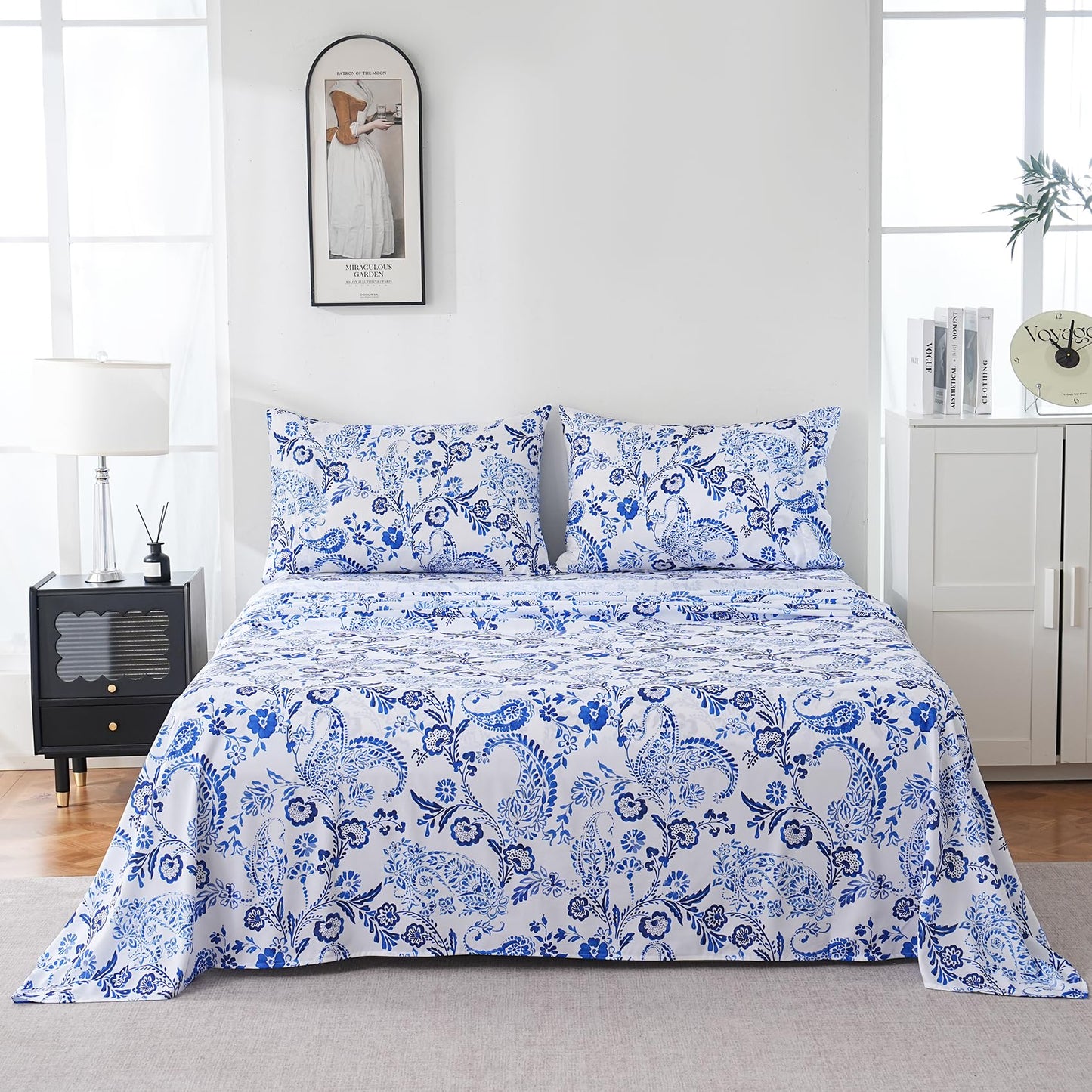 Yibeizi Queen Sheet Set Deep Pocket Queen Size Blue Floral Bed Sheets Set, Paisley Printed Soft Microfiber Oeko-Tex Sheets & Pillowcases Hypoallergenic Wrinkle Free Bedsheets