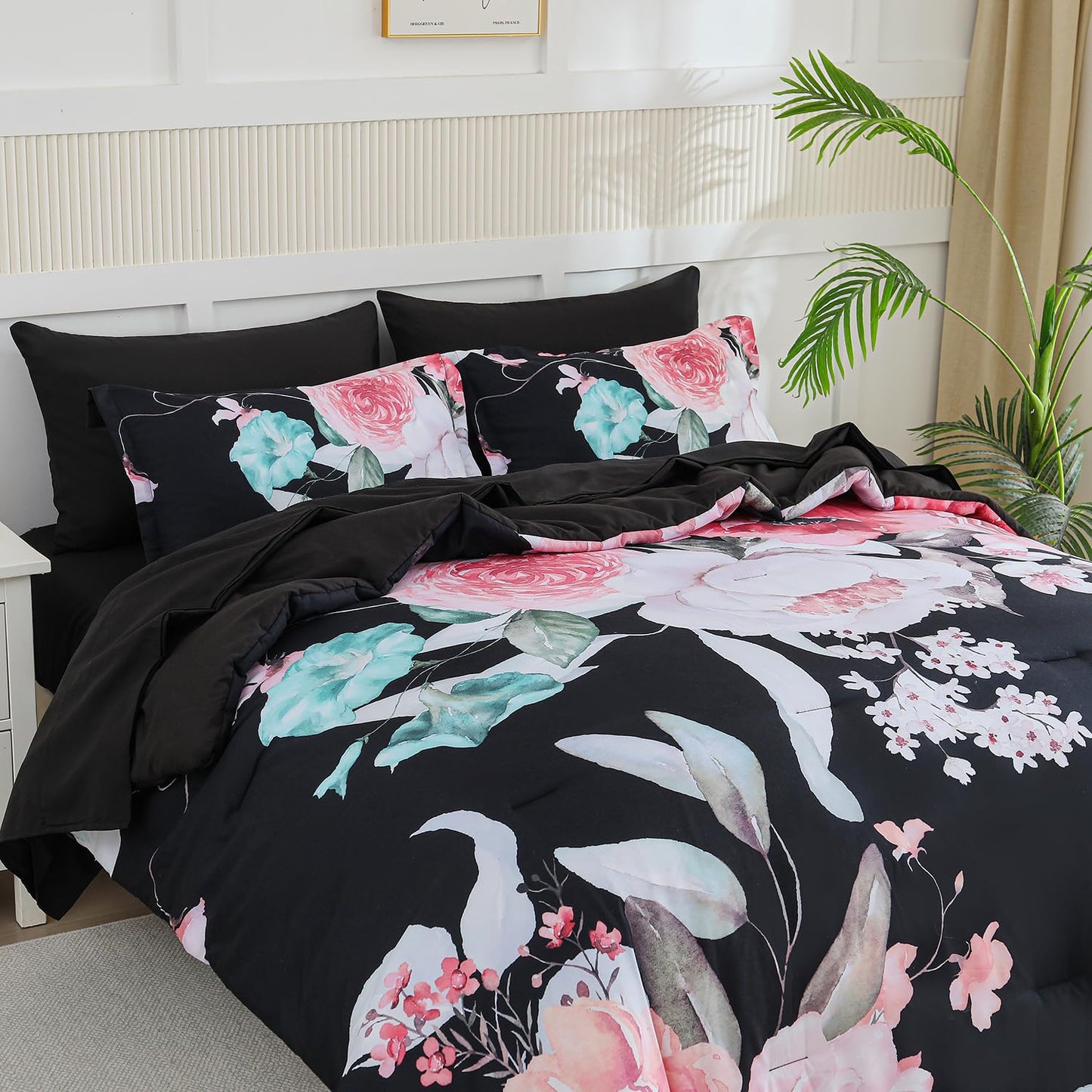 Yogeneg King Size Comforter Set 7 Piece Bed in a Bag,Pink Floral Botanical Pattern Black Bedding Set,Soft Microfiber Comforter with Sheet Set,All Season Bed Set(Pink,King)