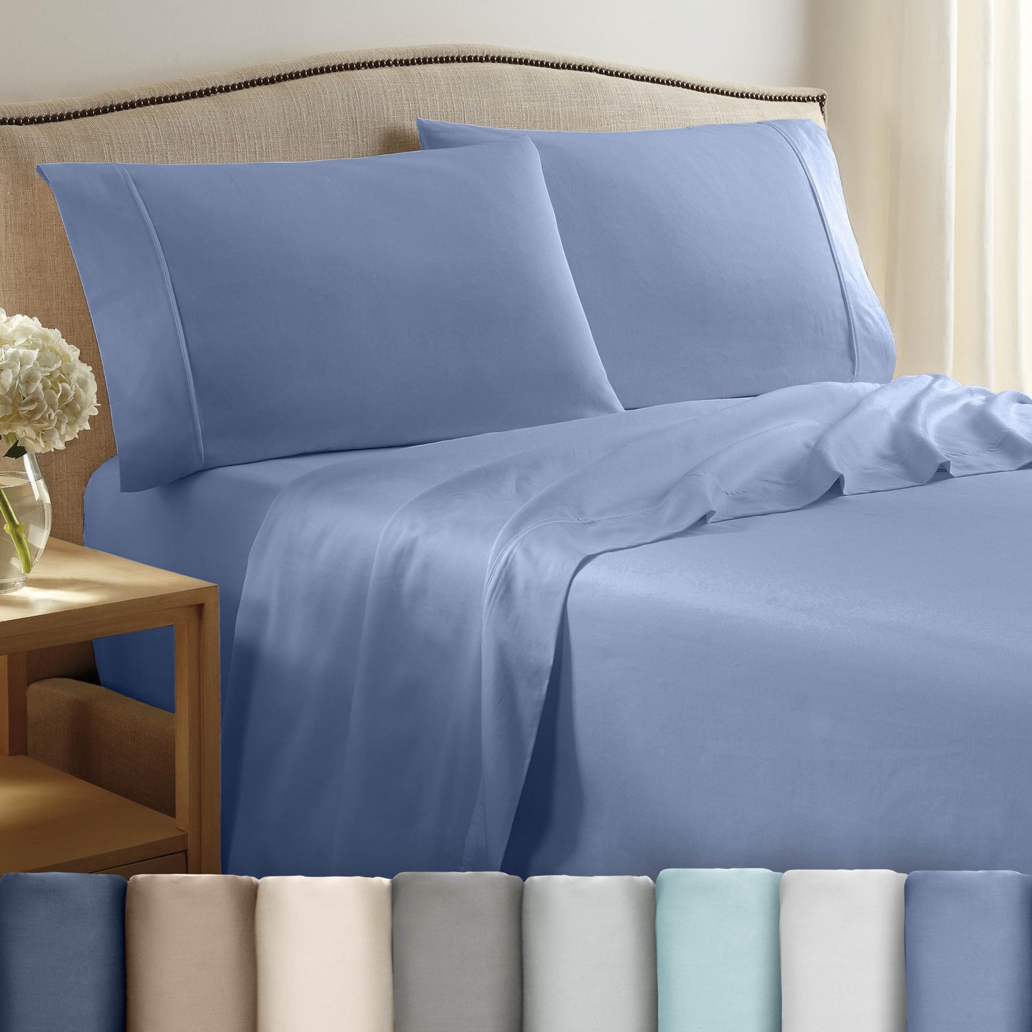 4 Piece Queen Sheet Set | 400 Thread Count | Queen Size Bed Sheets Set | Lightweight Breathable 100% Cotton Sheets | Wrinkle Resistant & Fade Resistant Sateen Sheets | Silky Soft & Durable | Blue