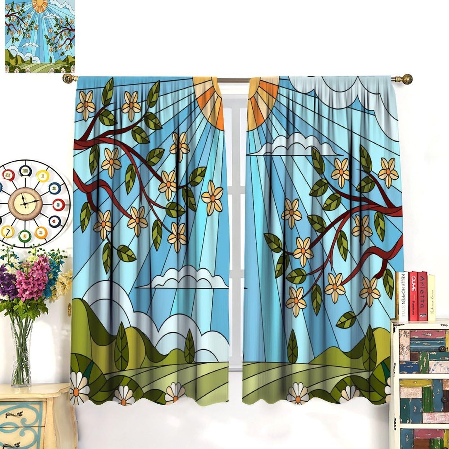 TYVGICZ Stained Glass Curtain Medieval European Cathedral Window Curtains for Bathroom Bedroom Home Decor Colourful Glass Art Blue Window Curtain 2Panel, 42x45 Inch