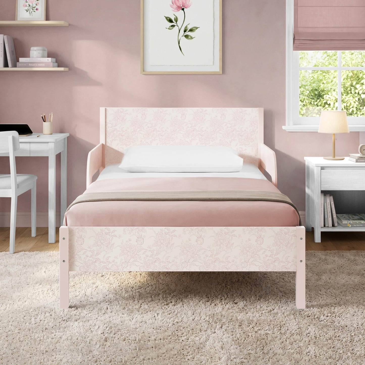 Delta Children Cora Wood Twin Bed with Removable Guardrails - Wood Twin Bed with Slats Supports for Girls & Boys Teens, No Box Spring Needed, Pink Floral Toile