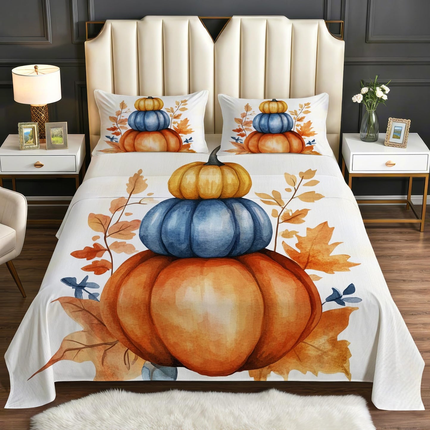 Zoainuos Pumpkin Gifts, Fall Pumpkin Maple Leaves Sheets Full Size Bed Sheet Set, Soft Microfiber Deep Pocket Wrinkle Free Bedding Sheets & Pillowcases, Thanksgiving Decor for Bedroom