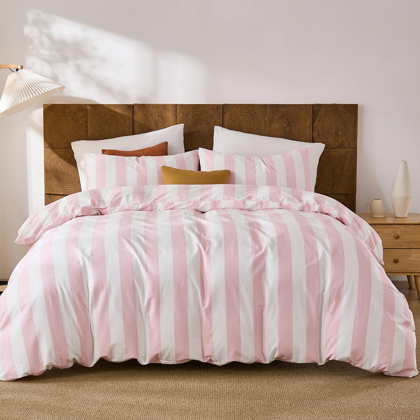 Merryword Pink and White Striped Comforter Set King Size, 100% Cotton Reversible Comforter Set 3 Pcs, Luxury Linen Like Bedding, Soft Breathable Lightweight Comforter for All Seasons