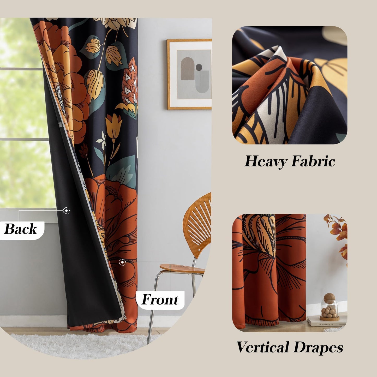Tyrot Black Boho Floral 100% Blackout Curtains for Bedroom 84 inch Long 2 Panels Mid Century Botanical Black Out Curtains for Living Room Grommet Thermal Insulated Room Darkening Window Drapes,52Wx84L
